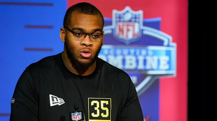 Alabama offensive lineman Evan Neal speaks during a press conference at the NFL football scouting combine in Indianapolis, Thursday, March 3, 2022.